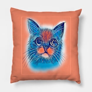 Blue cat drawing with orange background Pillow