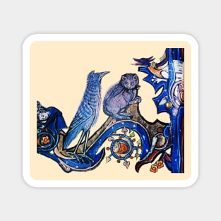 WEIRD MEDEVAL BESTIARY, CAT AND CUCKOO BIRD IN BLUE Magnet