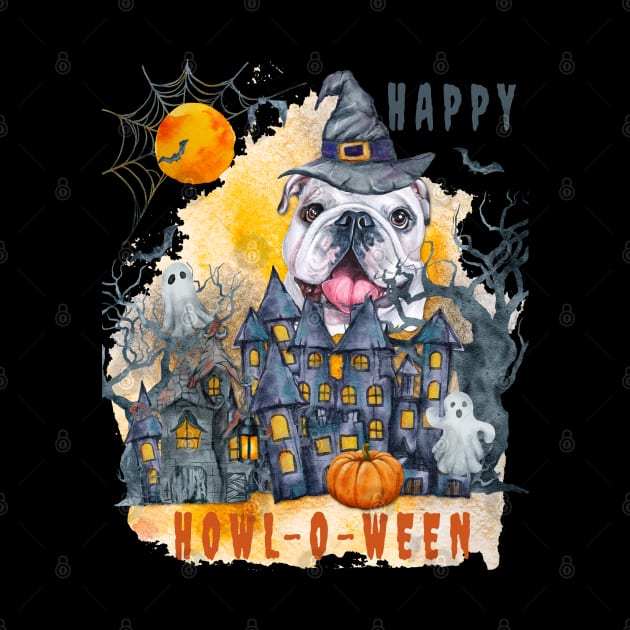 English bulldog Happy Howl-o-ween Ghost Houses Funny Watercolor by Sniffist Gang