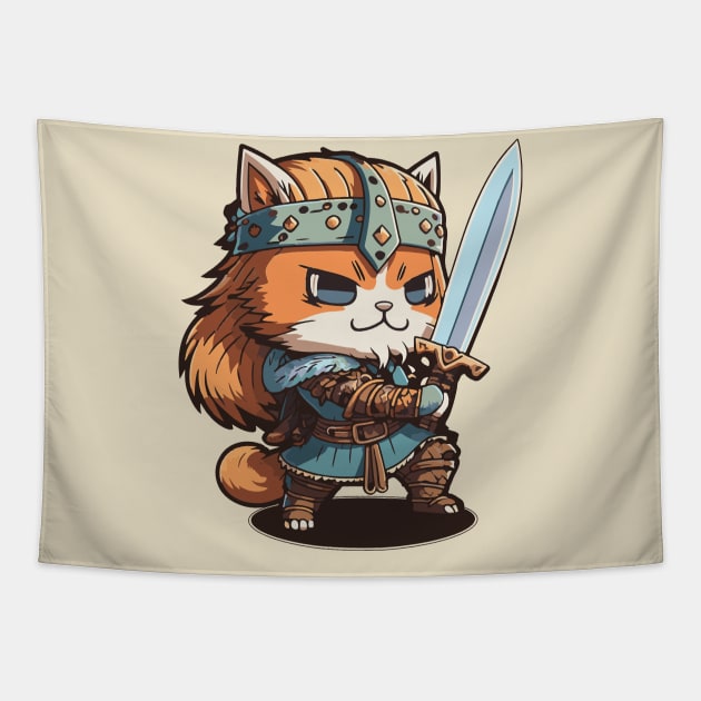 Dungeons and Dragons Barbarian Cat Chibi Tapestry by Fantasy Cats Designs