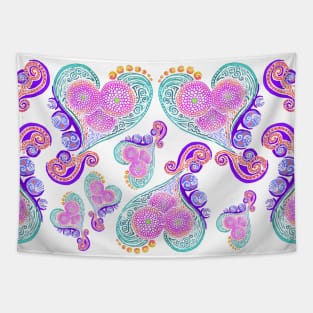 Hearts and Flowers Fantasy - Pink, Purple, Teal, Paisley Tapestry