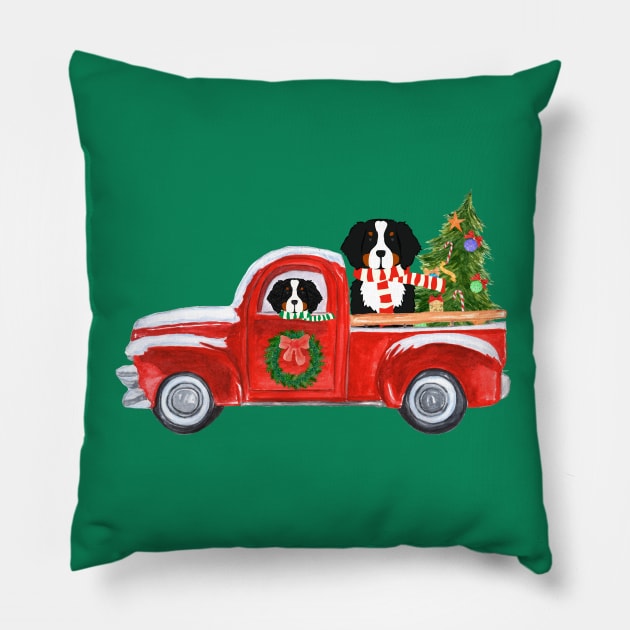 Bernese Mt Dogs Red Christmas Truck Pillow by EMR_Designs