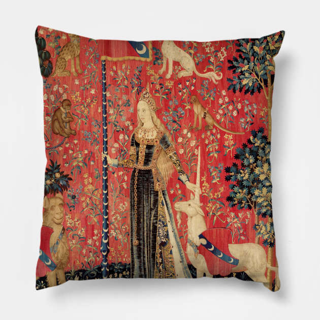 LADY AND UNICORN ,TOUCH ,Lion,Fantasy Flowers,Animals Red Green Floral Pillow by BulganLumini