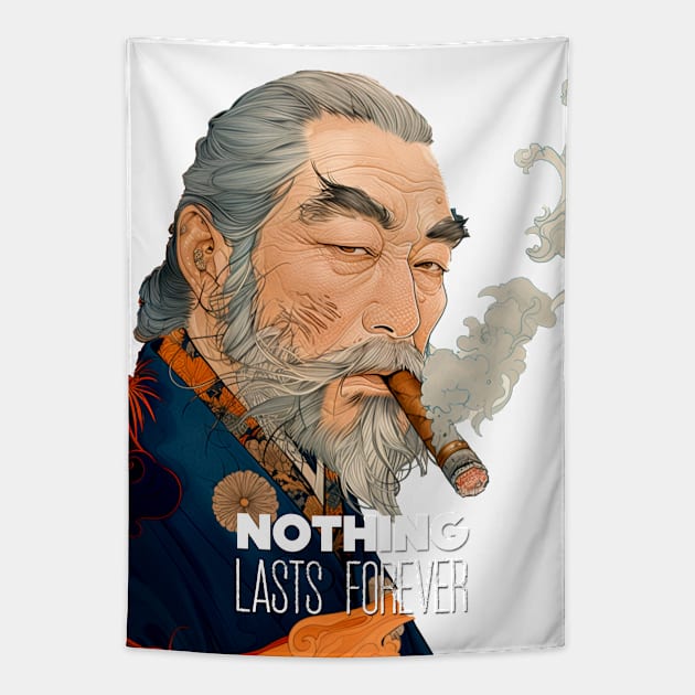 Puff Sumo: Nothing Lasts Forever, "世間は移り変わり" (Seken wa Utsurikawari) on a light (Knocked Out) background Tapestry by Puff Sumo