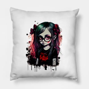 Cartoon little girl with glasses in gothic style at school T-Shirt Pillow