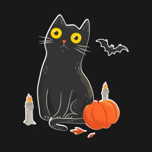 Intense Gaze Black Cat in Halloween T-Shirt