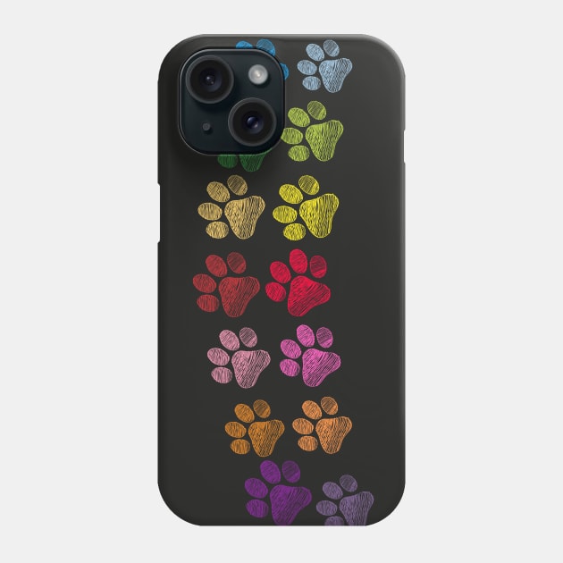 Cute doodle hand drawn colorful paw prints foot step vector black background Phone Case by GULSENGUNEL