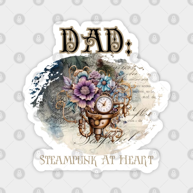 Dad: Steampunk At Heart Vintage Floral Clock - Golden Version Magnet by Té de Chocolate