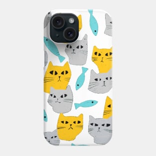 Strange grey and yellow cats with black eyes and blue fish Phone Case