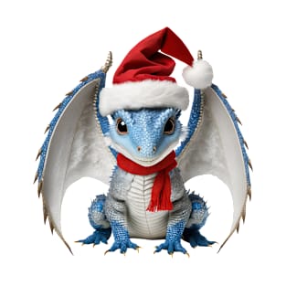 Adorable Blue Baby Dragon Wearing a Red Festive Christmas Hat T-Shirt