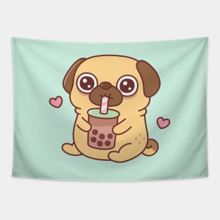 Cute Little Pug Loves Drinking Bubble Tea Tapestry