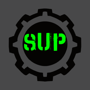 Green SUP Word in a Black Industrial Cog T-Shirt