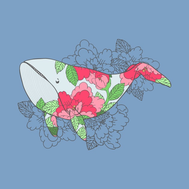 Whale with Peonies by natelledrawsstuff