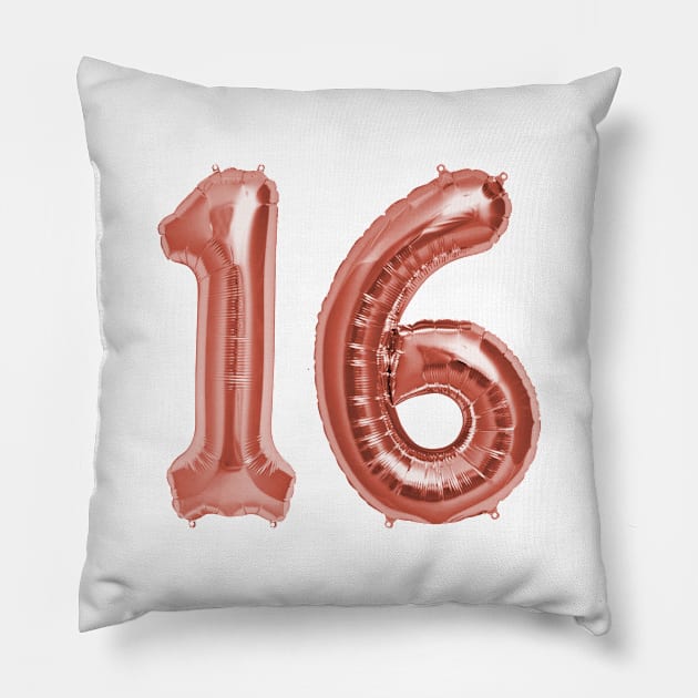 Rose Gold 16th Birthday Metallic Helium Balloons Numbers Pillow by podartist