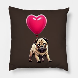 Cute Pug on Valentine's Balloon - Adorable Pug Hanging on Heart Balloon Pillow