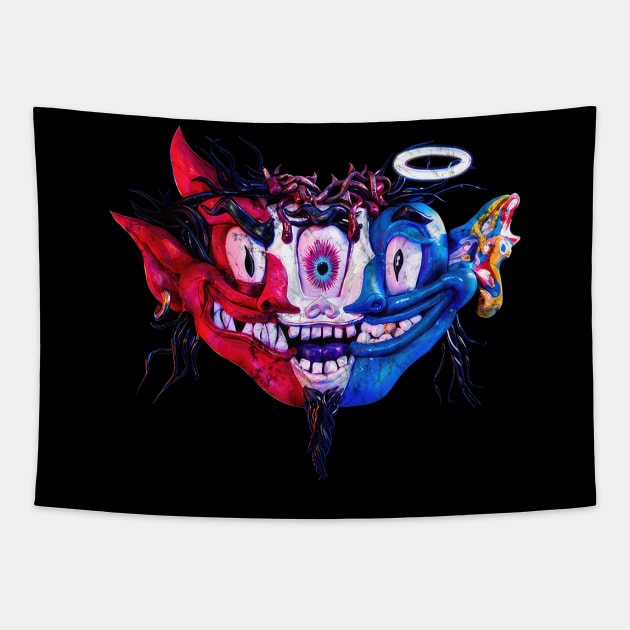 Horns, Thorns and Halos Tapestry by Roy Pogung