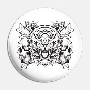 Roaring Tiger with Skull Lineart Pin