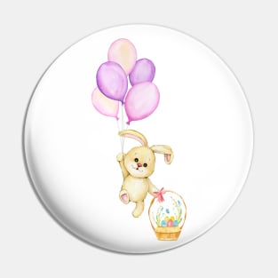 Cute bunny holding balloons and Easter egg basket floats up to the sky. Pin