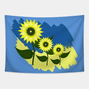 Blooming sunflowers on a blue and yellow background. Colors of the Ukrainian flag. Tapestry