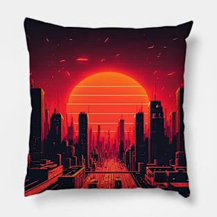 Scorching Synthwave Sun Dawning Over 80s City Pillow