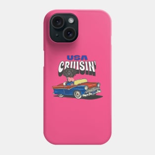 Humorous funny and cute black lab is driving a vintage car through the USA tee Phone Case