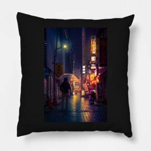 Neon Noir Street Reflecting the warm yellow and orange light from the bar area. Pillow