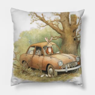 Rabbit an old car in the woods Pillow