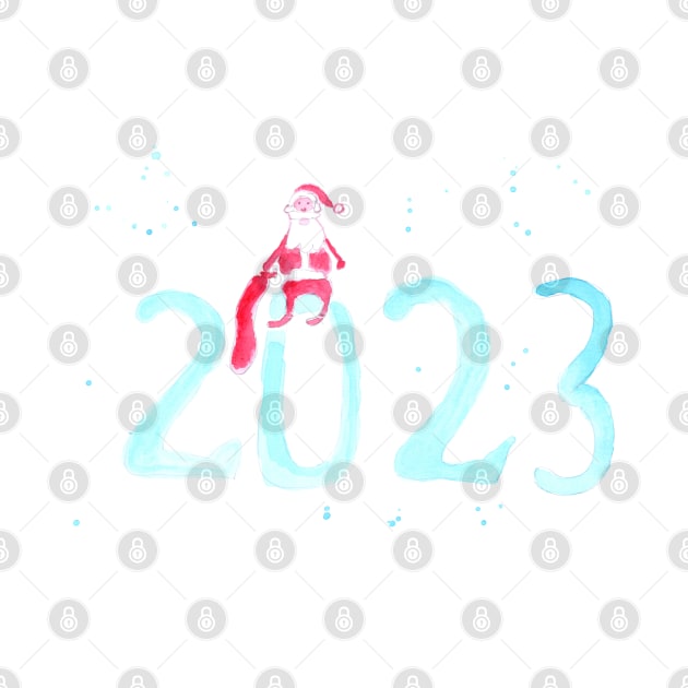 Watercolor 2023 and Santa Claus, new year art decoration, sketch. Illustration hand drawn modern by grafinya