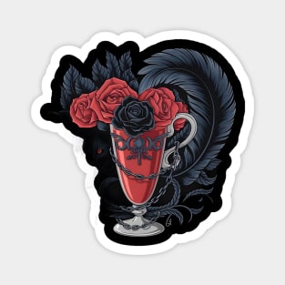 Red Cup Filled with Dark Red Roses, Adorned with an Ornate Design, and Surrounded by a Large Magnet