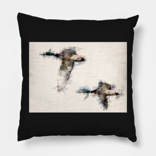 A Pair of Flying Mallard Ducks in Watercolor Pillow