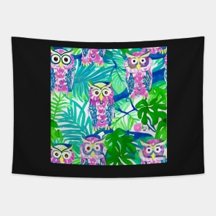 Pink owls in fantasy forest Tapestry