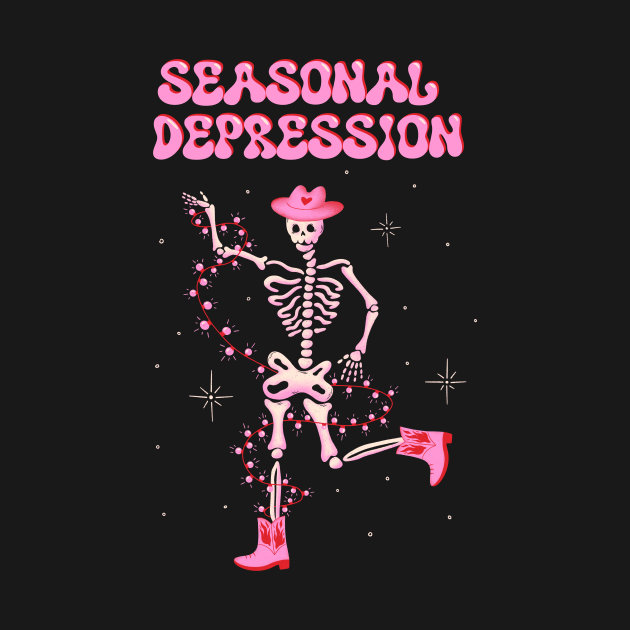 Seasonal Depression xmas art, Dancing skeleton in cowboy boots Christmas illustration by WeirdyTales