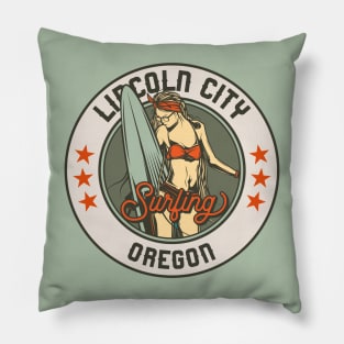 Vintage Surfing Badge for Lincoln City, Oregon Pillow