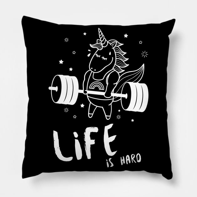 Life is Hard Unicorn Gym Pillow by Soba Wave Studio