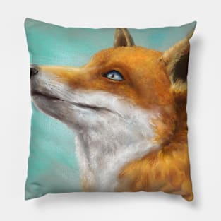 Painting of a Red Fox Looking to the Left with Turquoise Background Pillow