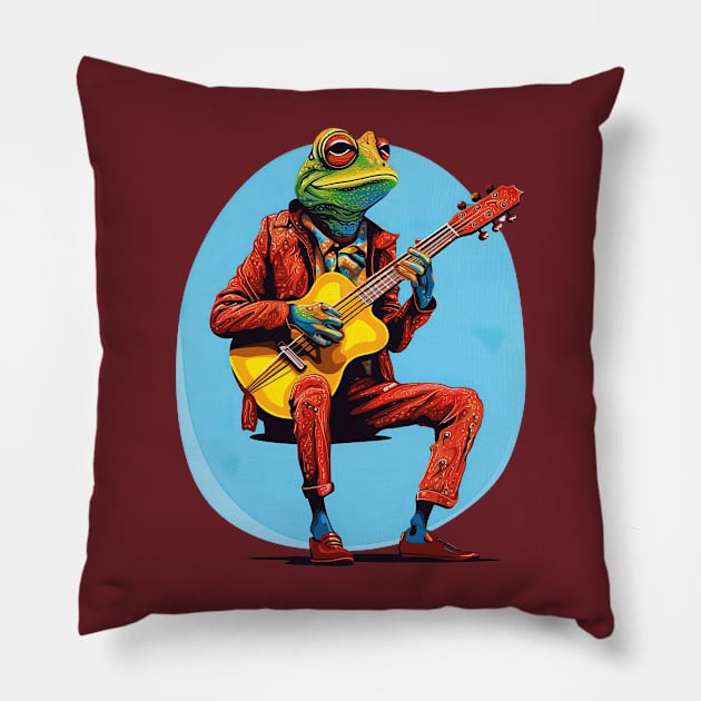 Cute Frog Playing Guitar Funny Idea Pillow by ArtLegend99