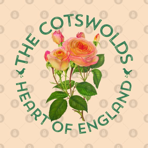 The Cotswolds UK England Botanical Cottage Roses Birds by Pine Hill Goods