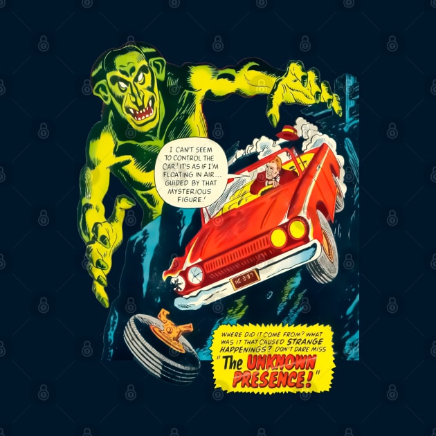 Car Crash The Unknown Presence Monster Halloween Retro Comic Vintage Cartoon by REVISTANGO