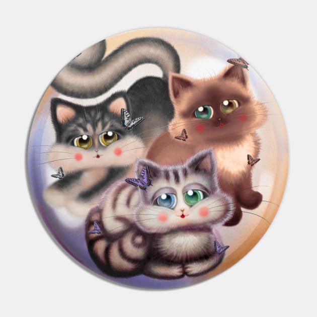 Lovely Cats with Butterflies Pin by DeneboArt