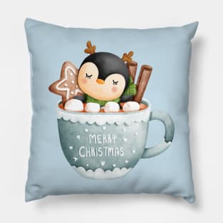 Cute Christmas Penguin in a Teacup Pillow