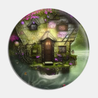 Sparkling Fantasy Cottage with Lights and Glitter Background in Forest, Scenery Nature Pin