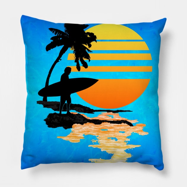 Surfing Sunrise Pillow by Packrat