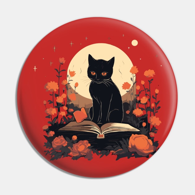 Floral Black Cat And Book Catshirt Pin by VisionDesigner