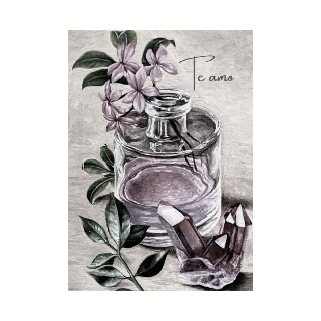 Spanish vintage print perfume & rose quartz - te amo by LukjanovArt