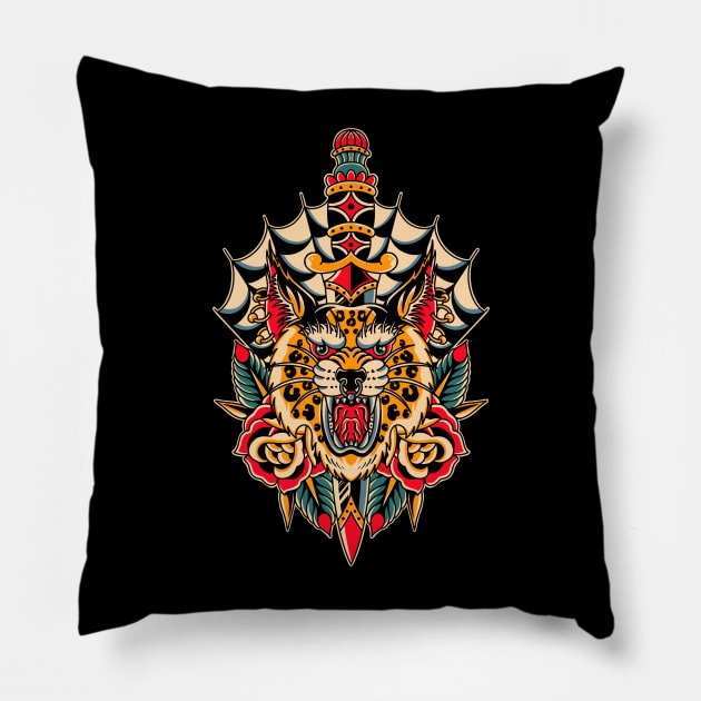 Traditional Tattoo cat rose Pillow by ILLUSTRA.13