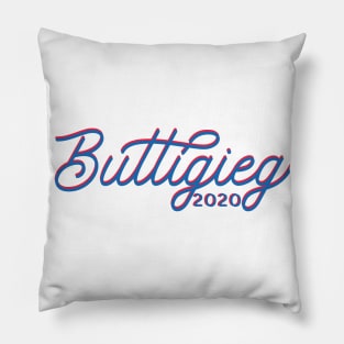 Buttigieg 2020, monoline script text in red and bright blue. Pete for America in this presidential race. Pillow