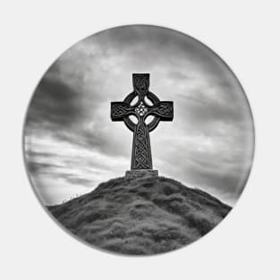 Ancient Stone Celtic Cross on a hill with the Sun shining through the cross in black and white. Pin