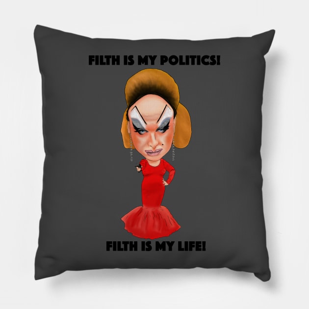 Divine Inspired Illustration Pink Flamingos Filth is My Life Pillow by MelancholyDolly