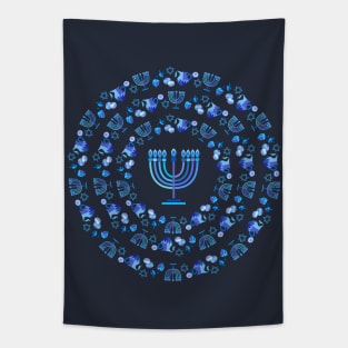 Jewish Holiday Hanukkah Party Decoration with traditional Chanukah symbols - wooden dreidels (spinning top), lettering, donuts, hanukkiah menorah candles, star of David T-Shirt Tapestry