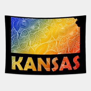 Colorful mandala art map of Kansas with text in blue, yellow, and red Tapestry